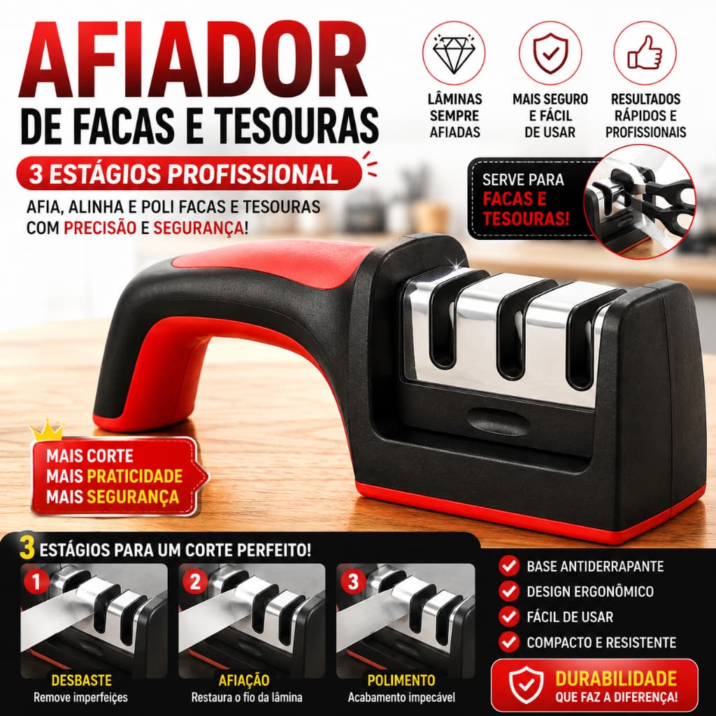Afiador de Facas e Tesouras 3 Estágios Profissional para Cozinha Prático e Fácil de Usar Amolador Manual Multiuso Base A