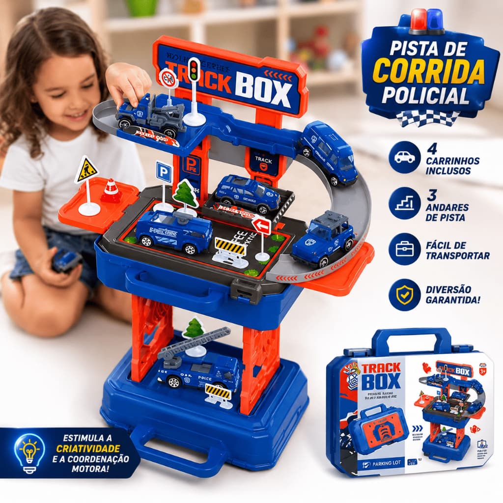 Pista de Corrida Maleta Policial Portátil 3 Andares com 4 Carrinhos e Acessórios Track Box Infantil