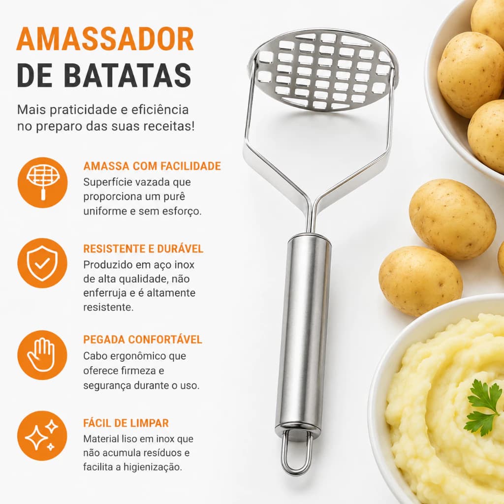Amassador de Batatas Inox Reforçado – Espremedor Manual Multiuso para Purê, Legumes e Vegetais