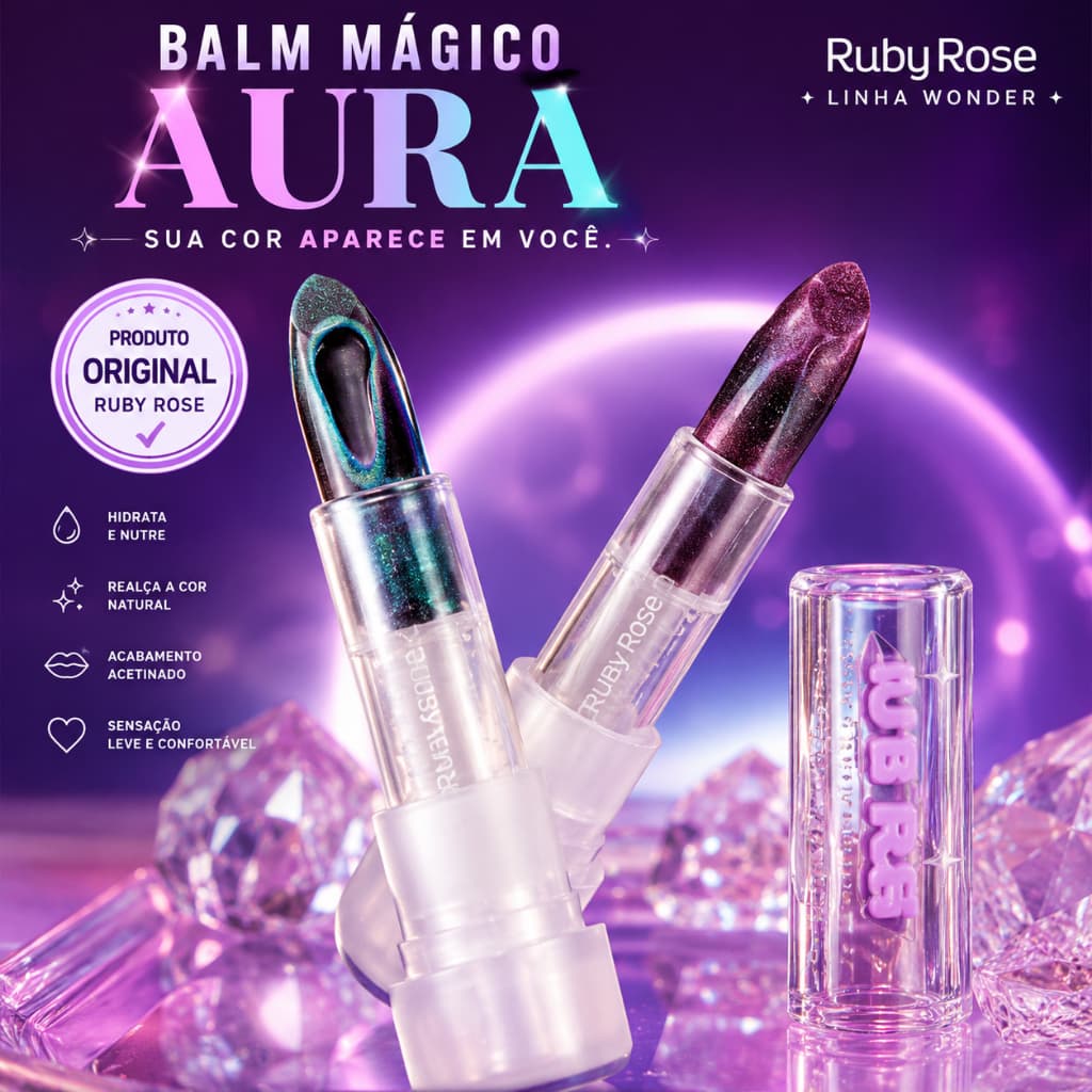 Balm Mágico Aura Ruby Rose Linha Wonder pH – Balm Labial Hidratante com Cor Personalizada, Brilho e Efeito Natural