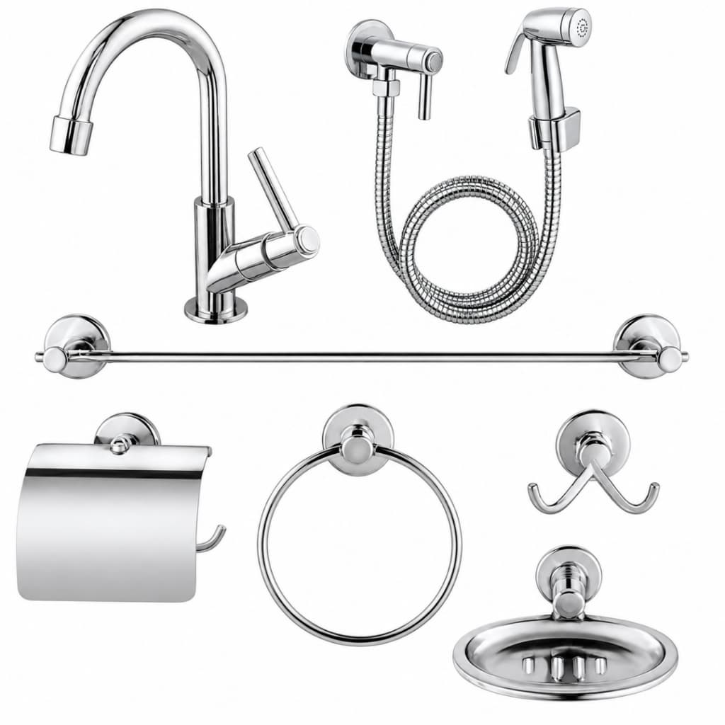 Kit Acessórios Banheiro Cromado 7 Peças Torneira Ducha Higiênica Toalheiro Papeleira Saboneteira