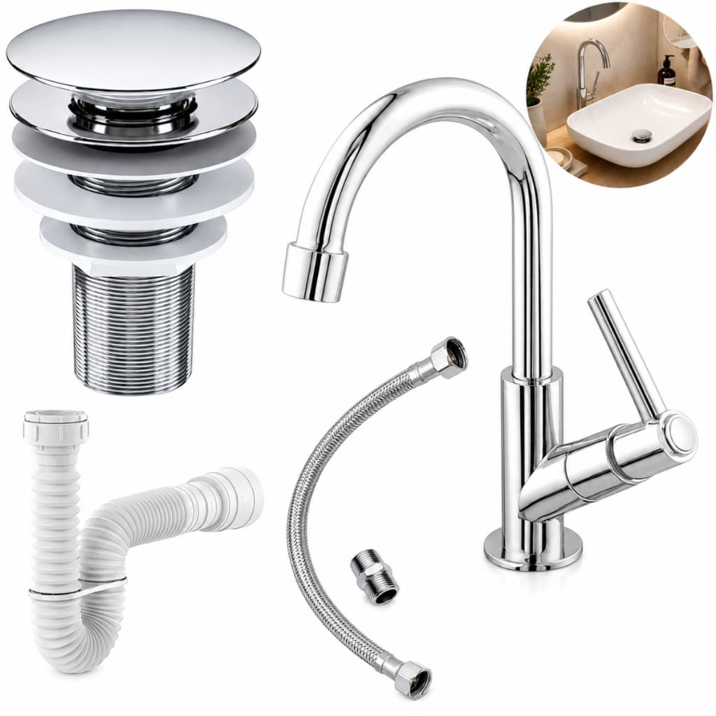 Kit Torneira Banheiro Lavatório Cromada Bica Alta + Válvula Click + Sifão + Engate Flexível