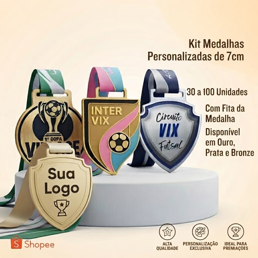 Kit 30 a 100 Medalhas 7cm Esportiva Personalizada 3D Ouro Prata Bronze + Fita