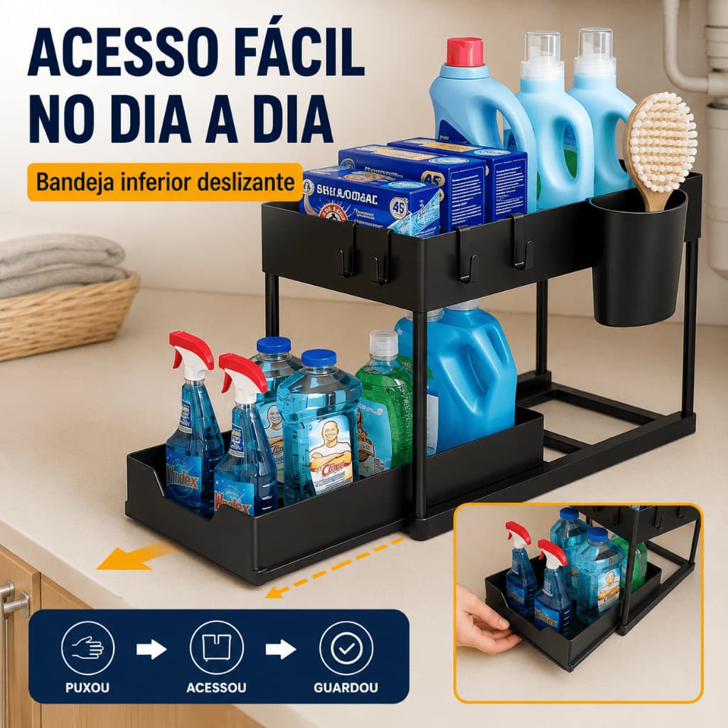 Organizador de Pia com Gavetas Deslizantes Preto – 2 Níveis, Estrutura Metálica Reforçada