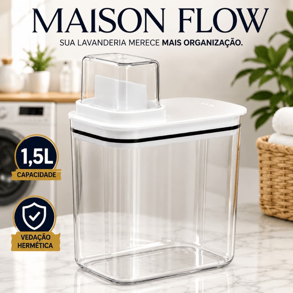 Dispenser Sabão Líquido e em Pó 1,5L Maison Flow Organizador Lavanderia com Dosador Vedação Hermética Antidesperdício