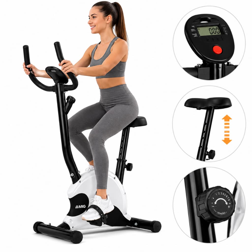Bicicleta Ergométrica Vertical MIG 120kg Monitor Cardio Residencial Resistência Ajustável Mecânica