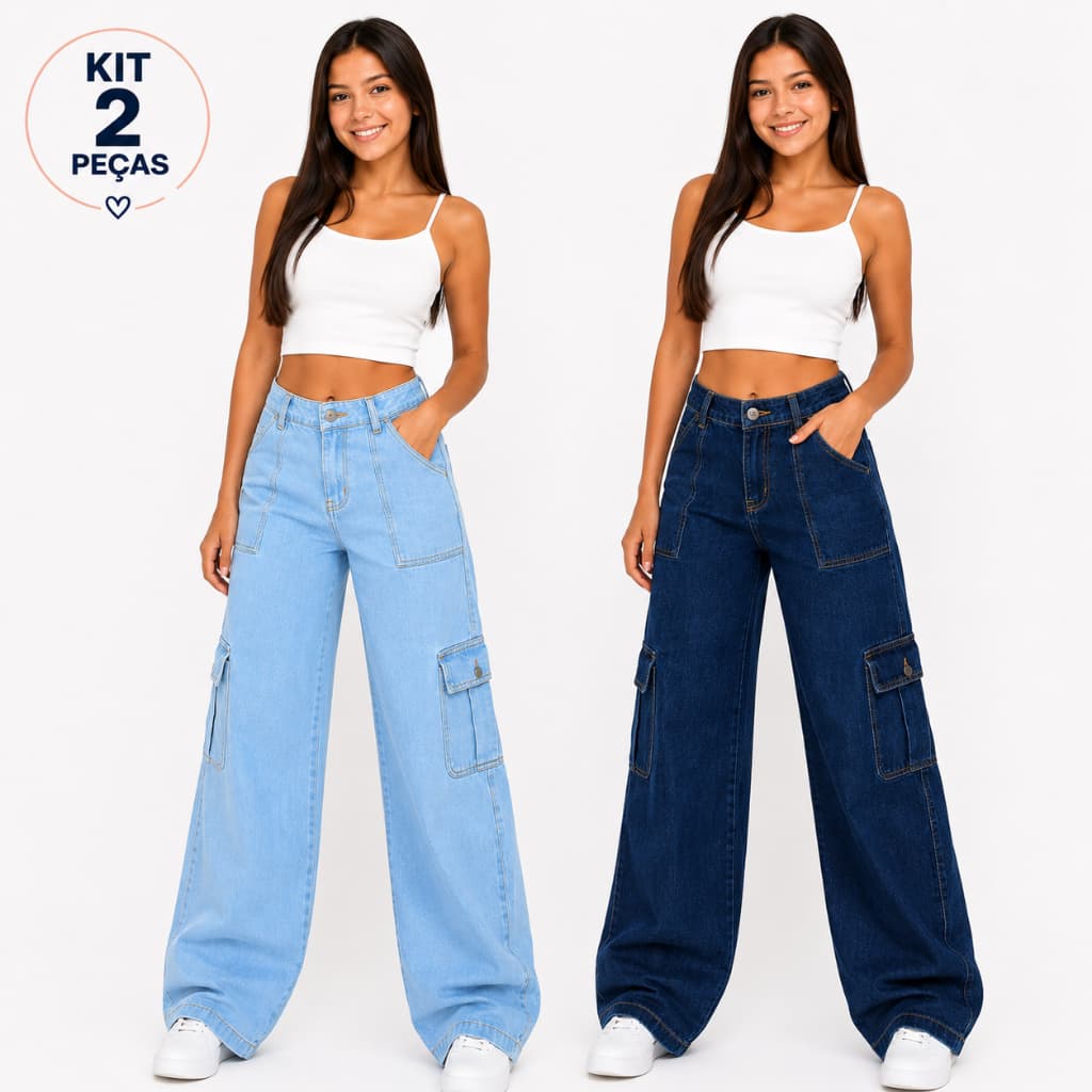 kit 2 calças cargo feminina jeans 2 bolsos laterais do 10 ao 16