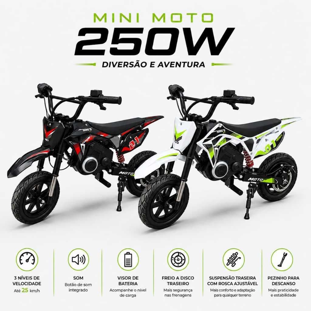 Mini Moto Motocross 250W Elétrica Infantil 3 Velocidades