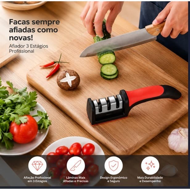 Amolador de Faca 4 Estágios Afiador de Facas e Tesouras Multifuncional Profissional Manual para Cozinha Churrasco