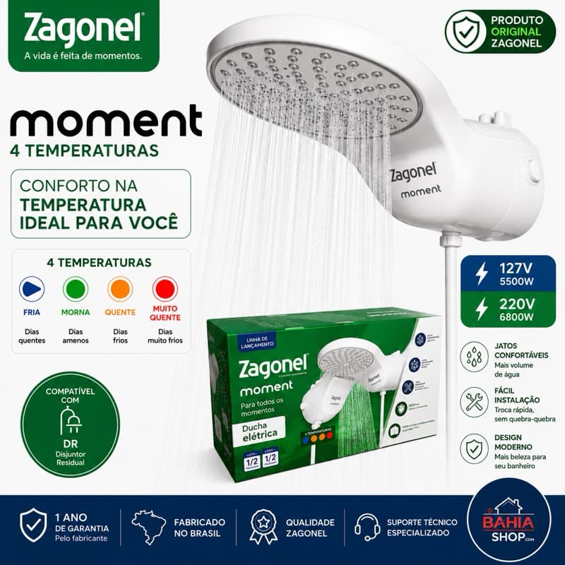 Chuveiro Ducha Elétrica Zagonel Moment 4 Temperaturas 127V 5500W ou 220V 6800W