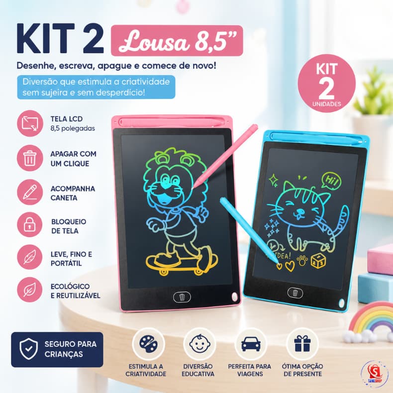 2 Lousas Magicas Tablet LCD 8,5 Polegadas Para Escrever Pintar e Desenhar Infantil