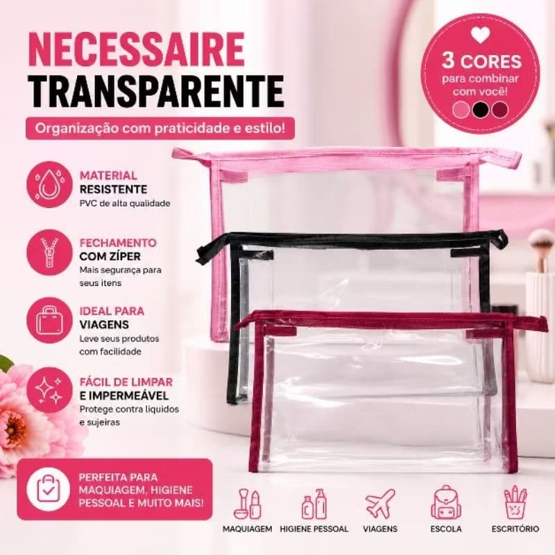 Necessaire Transparente Feminina Porta Maquiagem Organizador de Cosméticos Impermeável  Bolsa de Viagem organizador