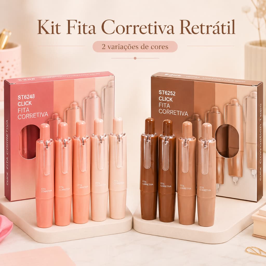Kit 4 Fitas Corretivas Retráteis Click 5mm x 6m Formato Caneta 360°