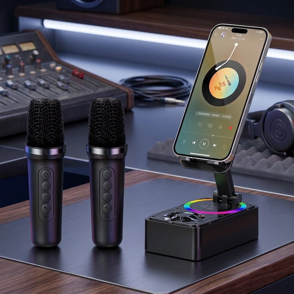 Caixa Som Karaokê Portátil Bluetooth 2 Microfones Suporte Giratório