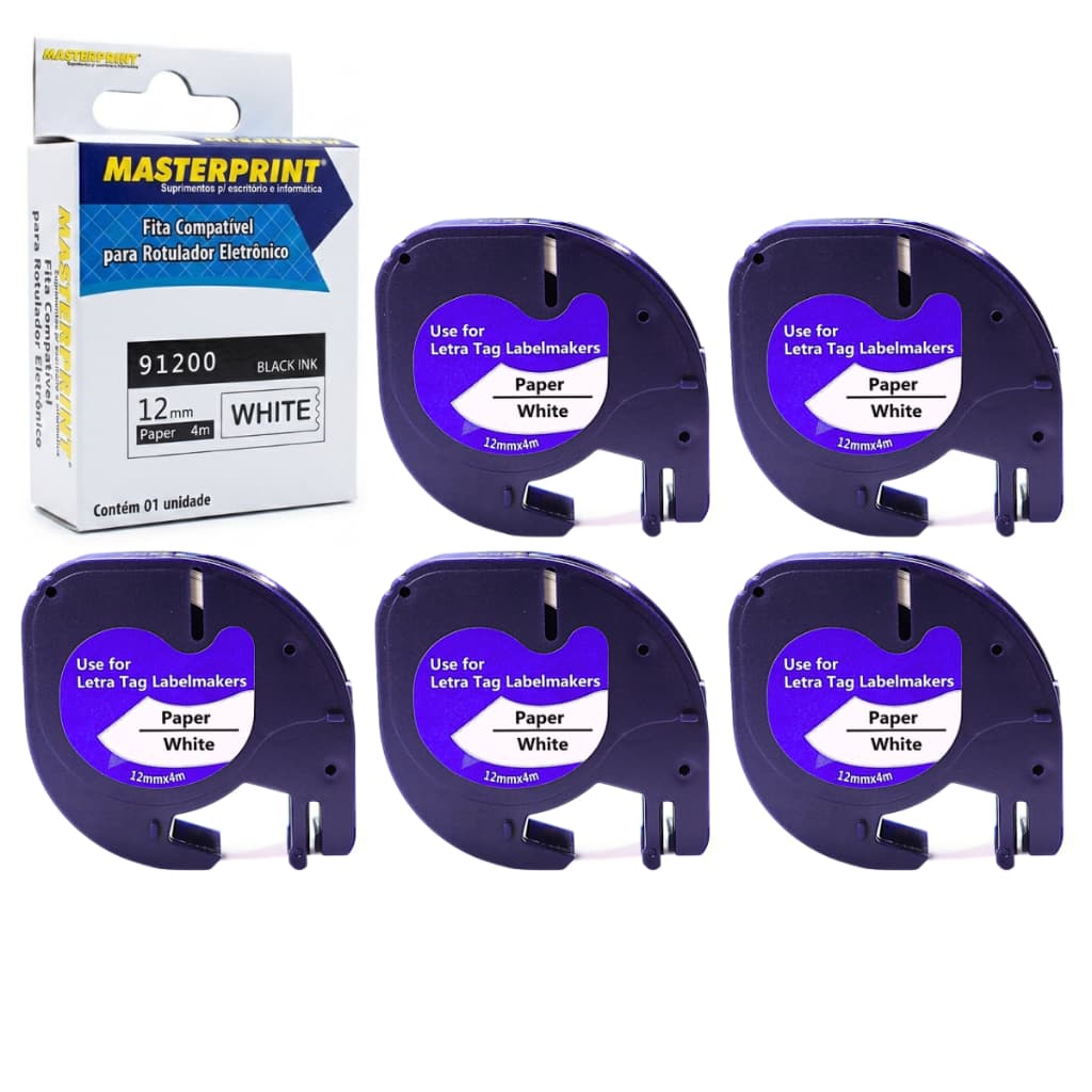 5 Fita Rotulador Compatível Dymo Letratag D91200 91200 12mm Branca - Masterprint