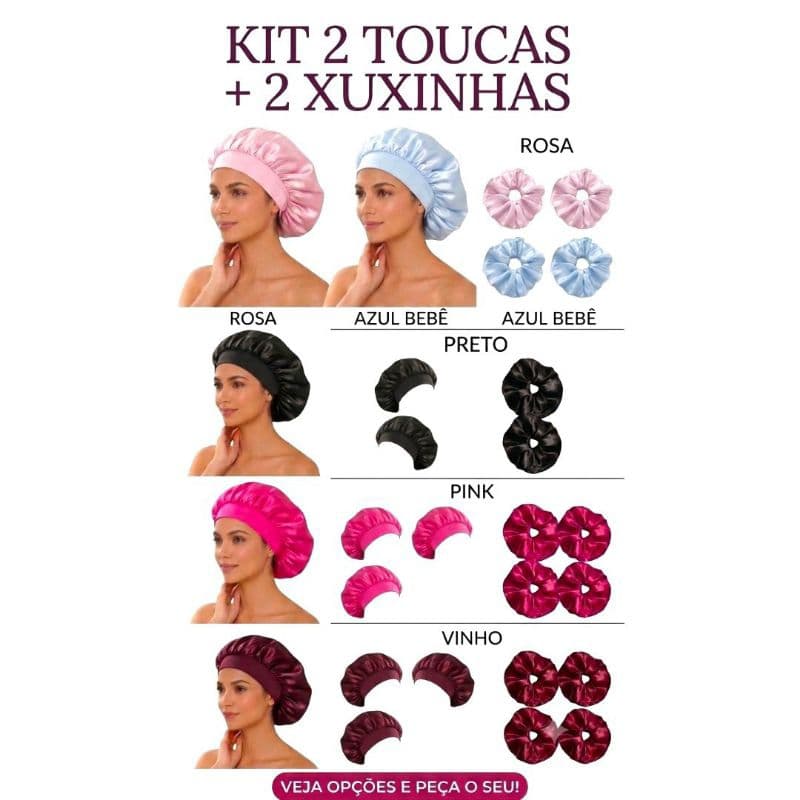 KIT 2 TOUCAS + XUXINHAS DE CETIM TOUCA DE CETIM COM FAIXA ANTI FRIZZ
