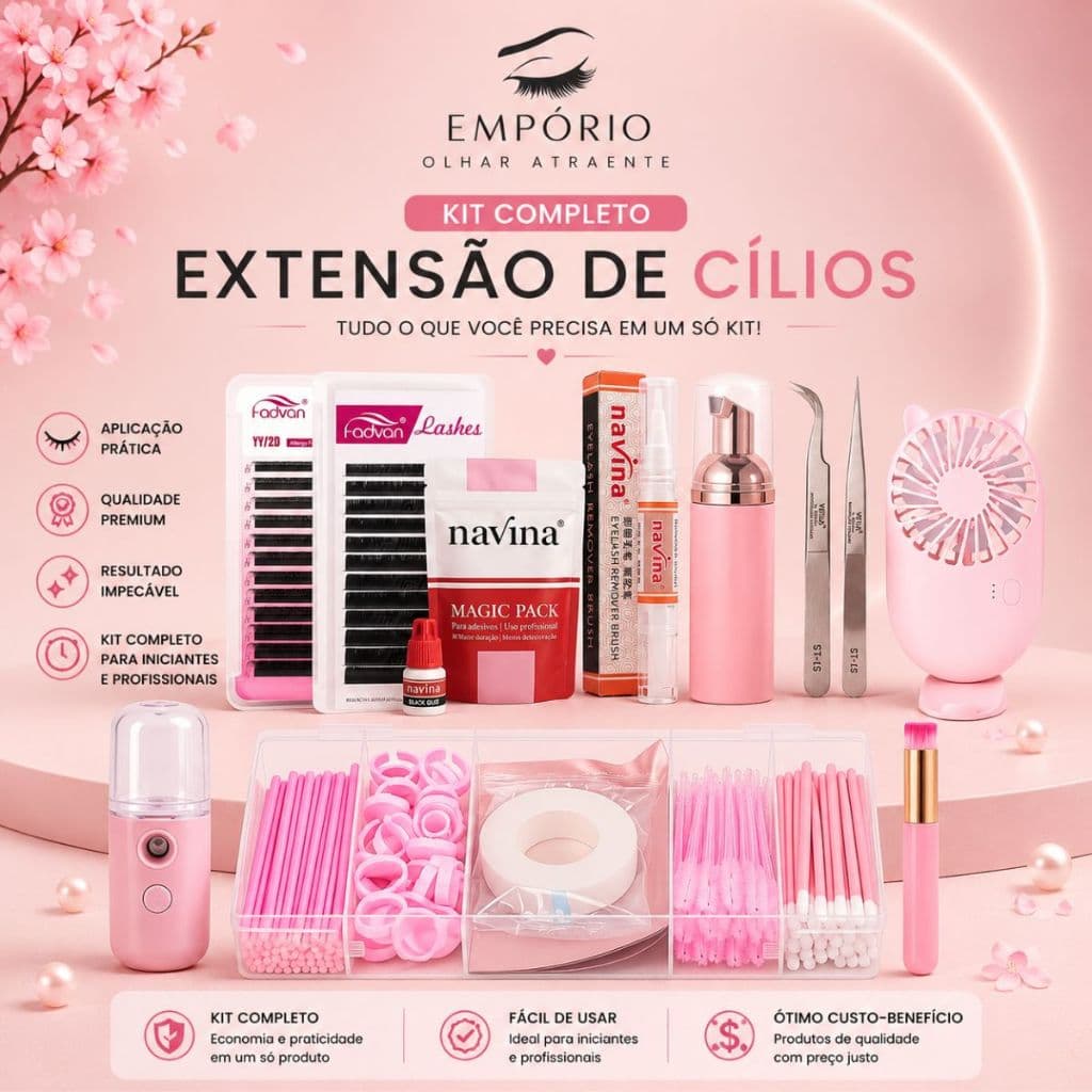 Kit Extensão de Cílios Completo Fadvan Y Fio a Fio com Cola Navina Nano Ventilador e Pinças