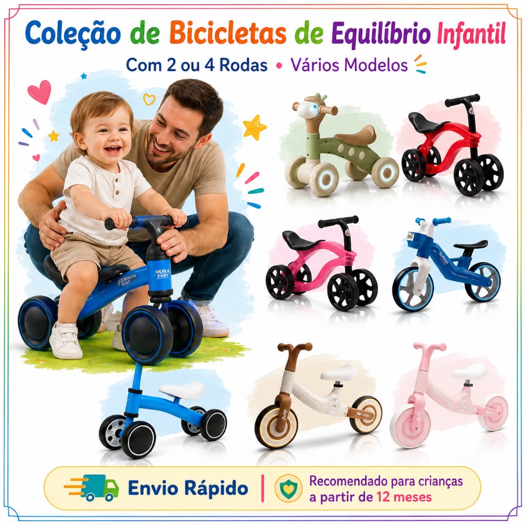 Bicicleta de Equilibrio Infantil 2 ou 4 Rodas Diversos Modelos LED Diversão Coordenação e Equilíbrio