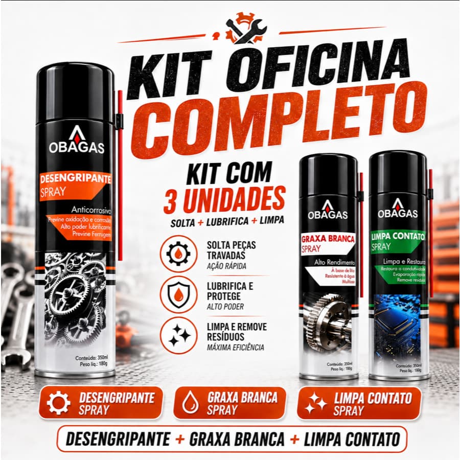 Kit Oficina 3 Sprays | Desengripante + Graxa Branca + Limpa Contato