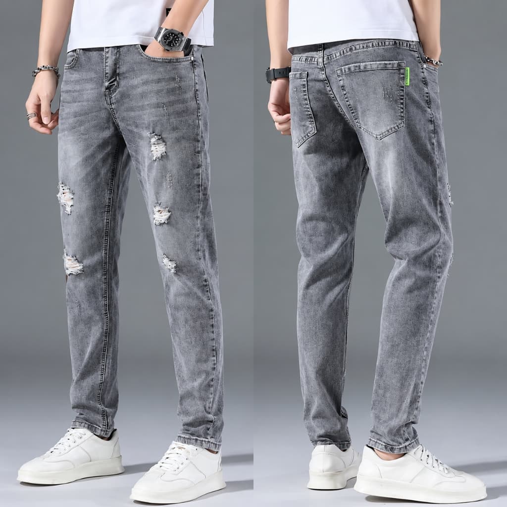 Calça Jeans Masculina Rasgada Slim Fit Algodão Elastano Desgastada Cinza Azul Claro
