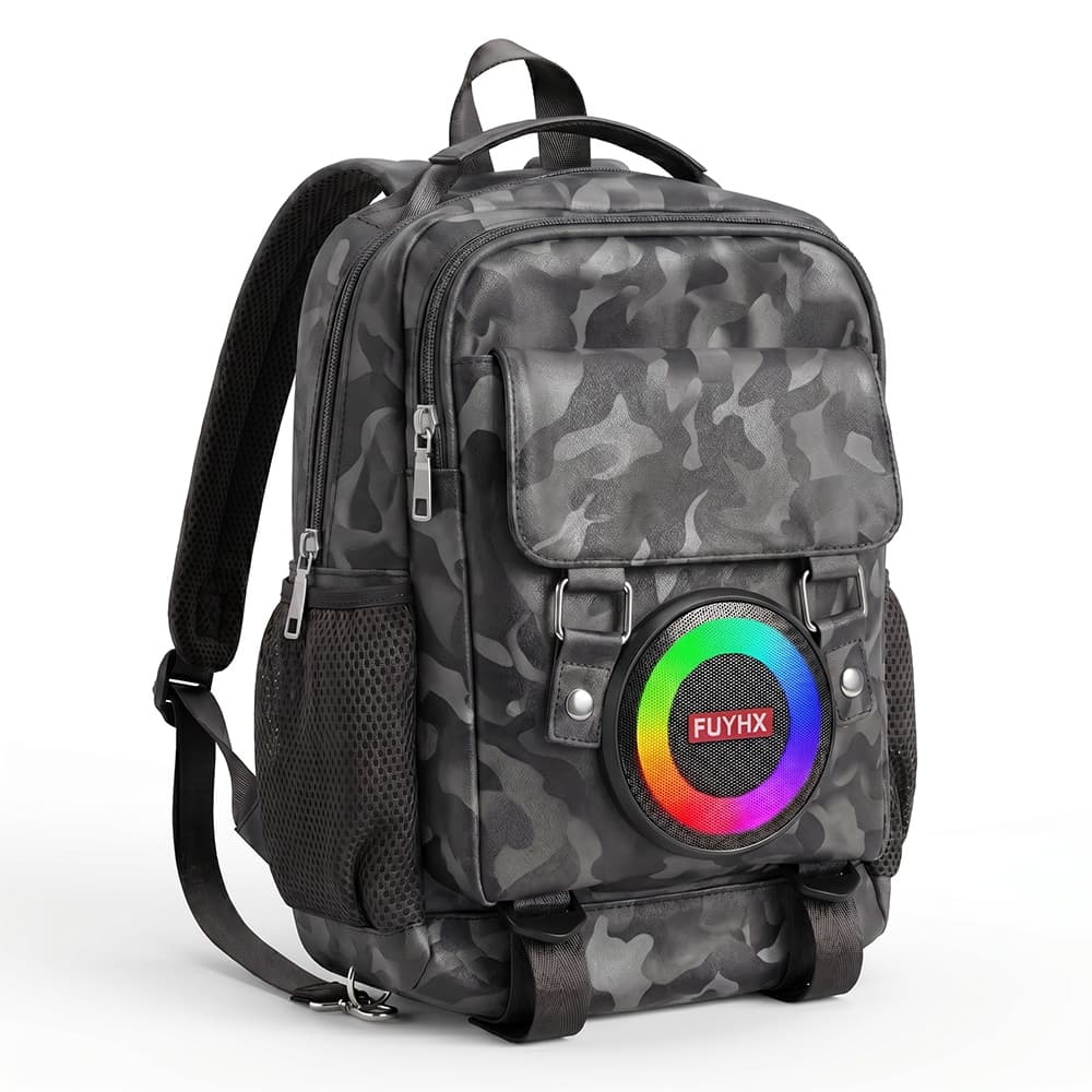 Mochila Com Caixa De Som Bluetooth LED RGB Camuflada Som Potente Radio FM USB TF TWS Impermeavel Para Viagem Camping
