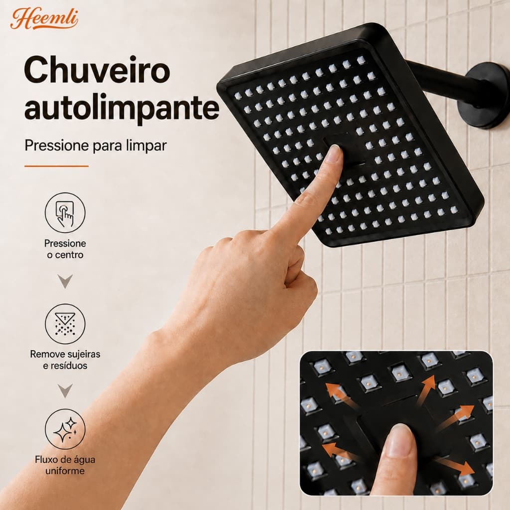 Heemli Ducha Quadrada Autolimpante Pressurizada 360° com Rosca 1/2 para Banheiro