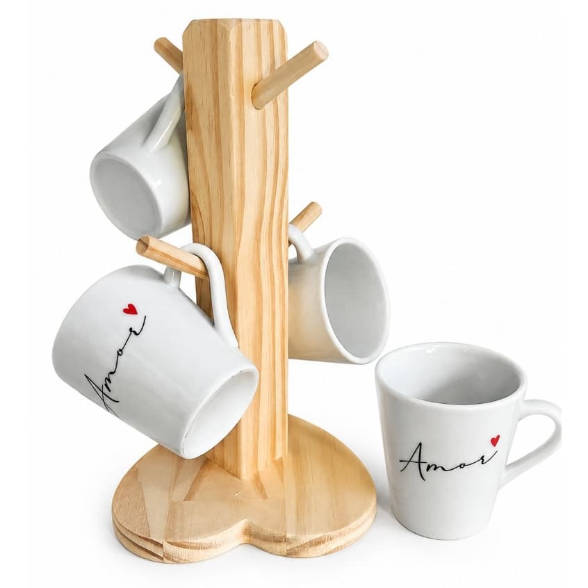 Kit Cantinho do Café 4 Xícara 120ml com Suporte de Madeira Porta Xícara