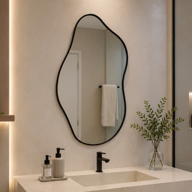 Espelho Orgânico Decorativo Irregular Borda Couro Preto Banheiro Quarto Sala Espelho de Parede Dubai  A90 x L50