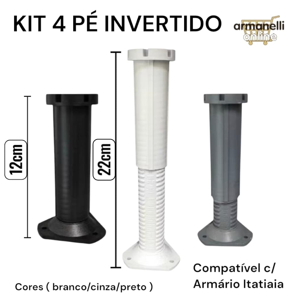 Kit 4 pé de plástico Invertido para moveis com regulagem 12cm até 22cm (3 cores)