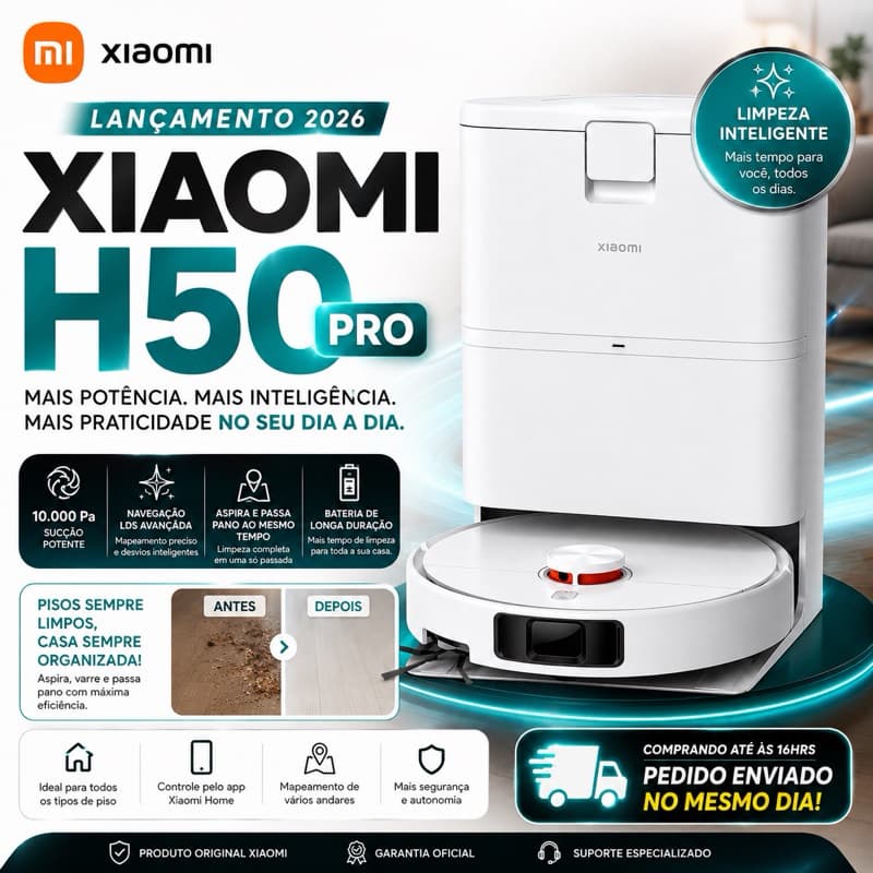 Robô Aspirador Xiaomi H50 Pro Mop Giratório Lavagem automática /Estação autolimpante + Poder de Sucção de 15.000Pa
