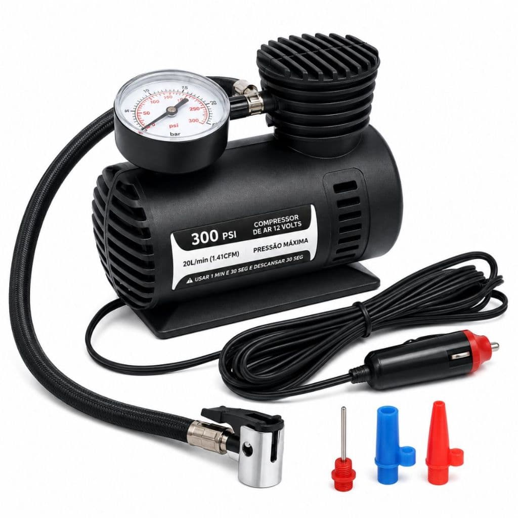 Mini Compressor De Ar Elétrico Portátil Com Manômetro 300 PSI 12V Para Pneu Carro Moto Bike Bola