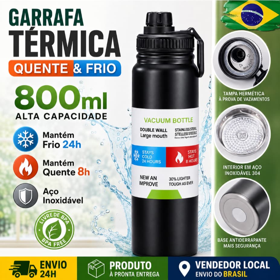 Garrafa térmica de aço inoxidável 800ml – com alça, grande capacidade, para bebidas quentes e frias, ideal para esportes
