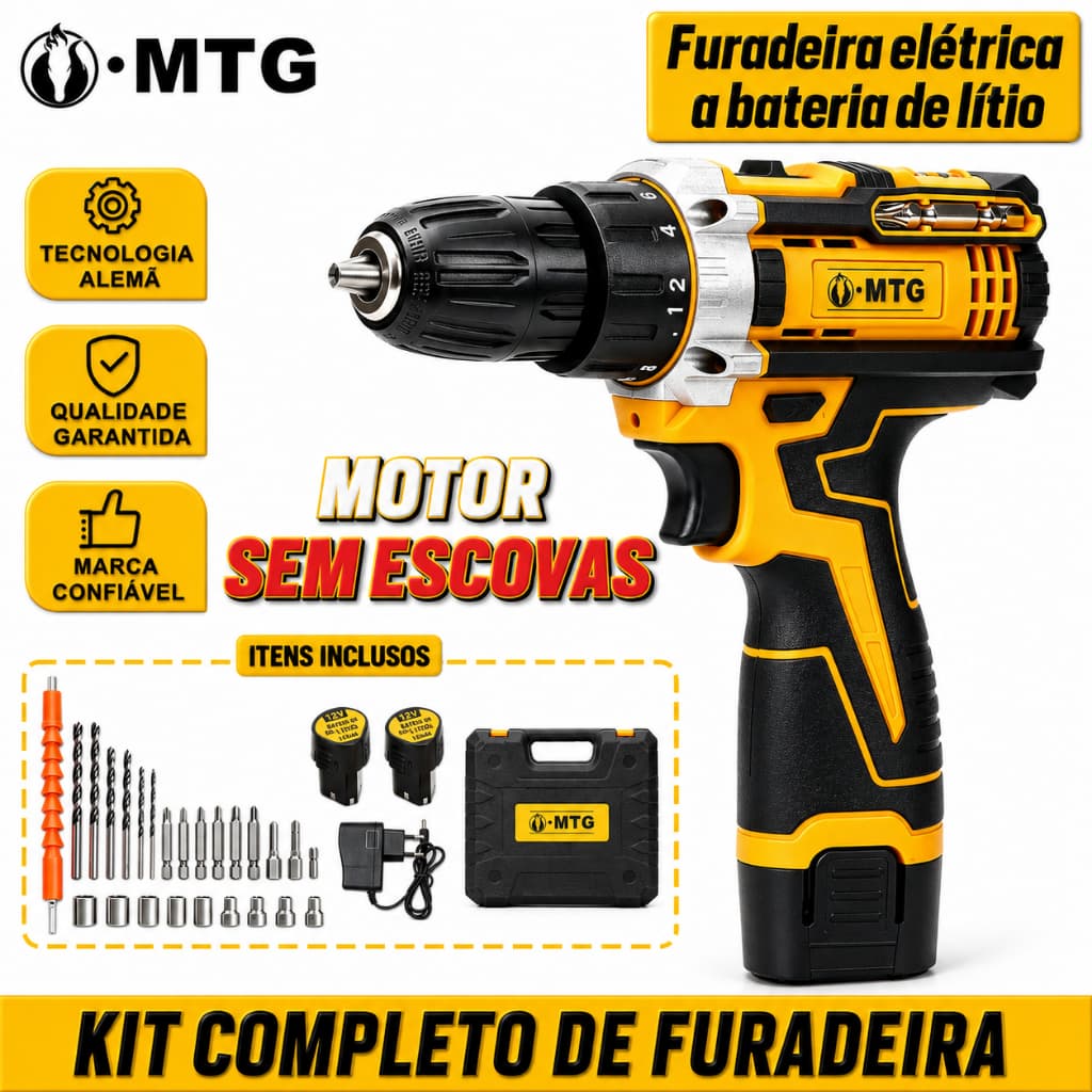 Kit Furadeira Parafusadeira MTG Sem Fio Bateria Lítio Motor Brushless 15V com 2 Baterias, Maleta e Acessórios