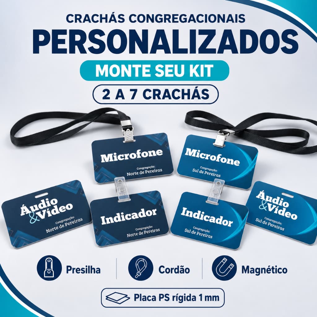 Kit de Crachás JW Personalizados – Indicadores, Microfone, Áudio e Vídeo, Palco