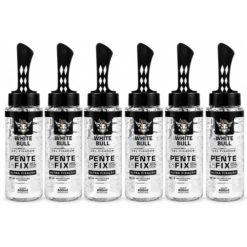 Kit c/ 6 Gel Modelador Masculino White Bull 400ml – Pente Embutido, Brilho e Fixação Forte