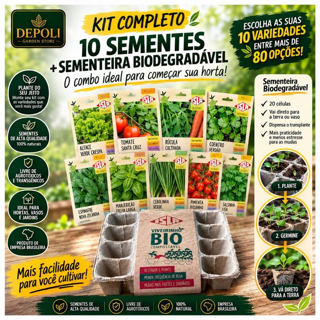 Kit Personalizado 10 Envelopes + Sementeira A Maior Variedade de Sementes (Temperos, Flores, Frutas e Hortaliças) Isla