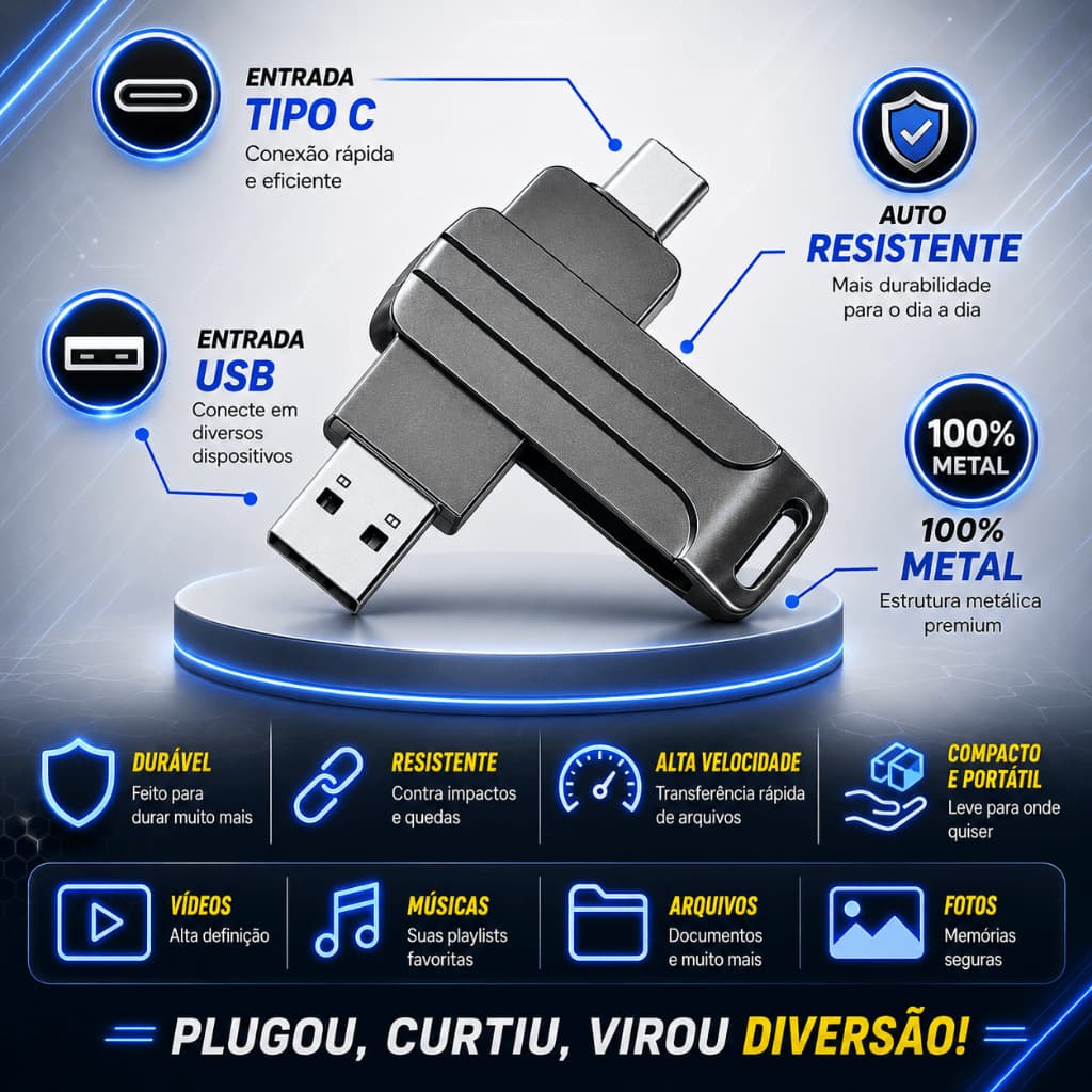 Pen Drive 2 Em 1 Tipo C 32GB flash memoria - 100% metal alta resistência - para fotos ,videos,musicas,arquivos...