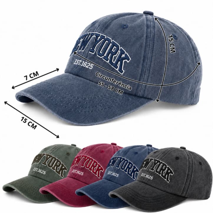 Boné Aba Curva Dad Hat New York Bordado Premium Vintage Jeans Desbotado Praia Unissex