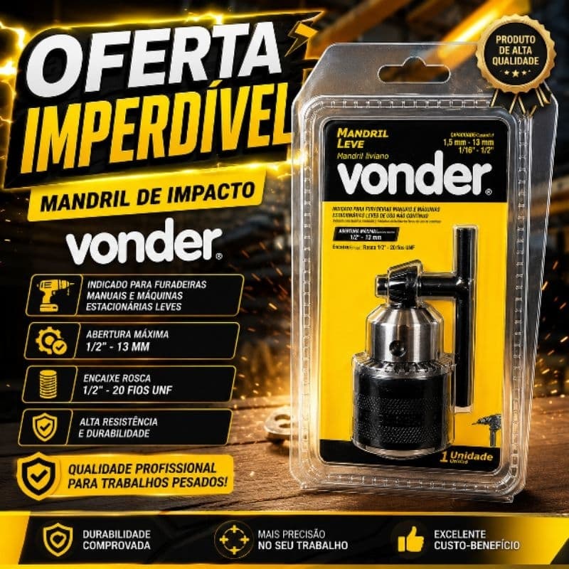 Mandril de Furadeira 1/2 13mm 20unf com Chave Aperto para Furadeira Vonder