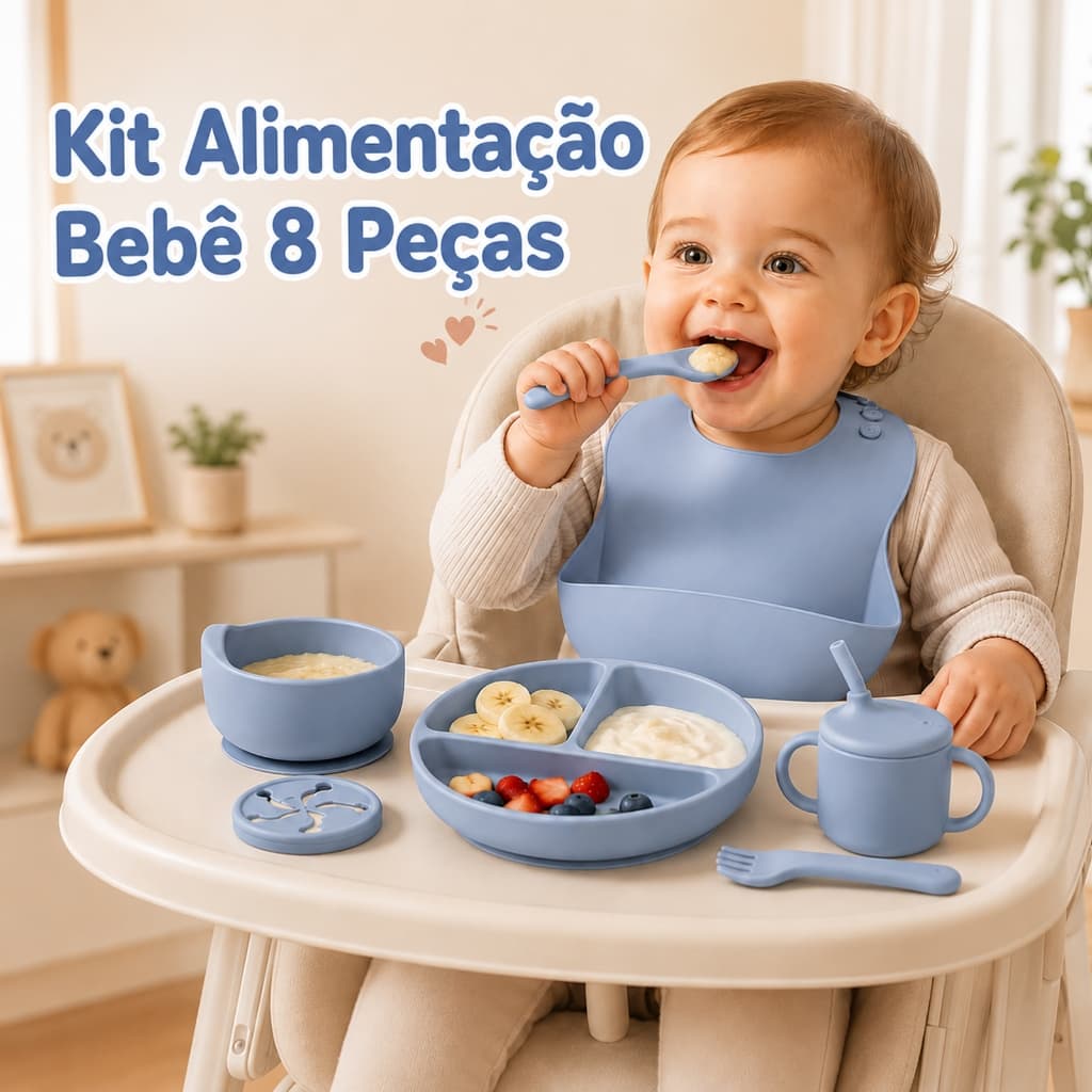 Kit Alimentação Bebê 8 Peças Silicone Livre de BPA com Ventosa Prato Divisório Babador para Introdução Alimentar
