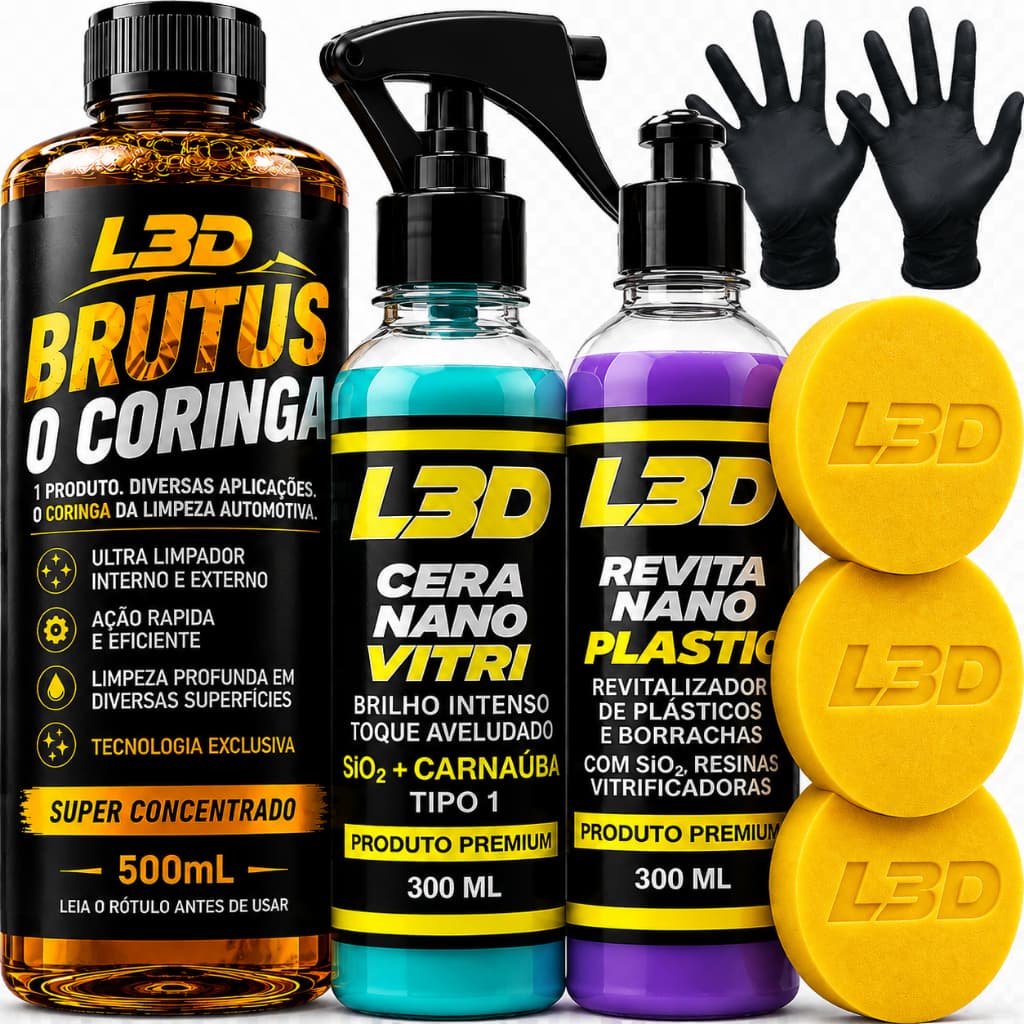 Kit Lavagem Automotiva Revitalizador de Plásticos Cera Cristalizadora Automotiva L3D