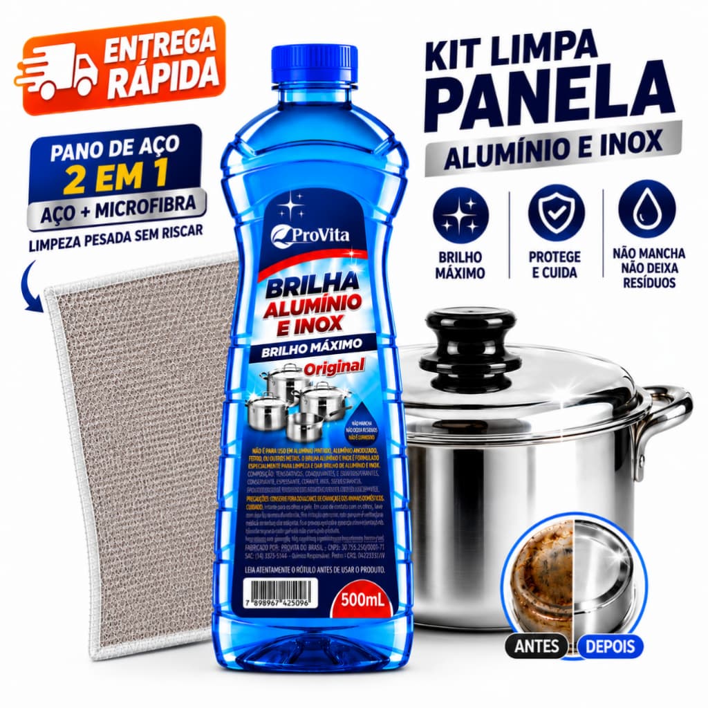 Kit Limpa Alumínio Inox 500ml + Pano Aço 2 em 1 Lava Louças Dá Brilho Remove Gordura Crostas Manchas Panelas Cozinha Pia