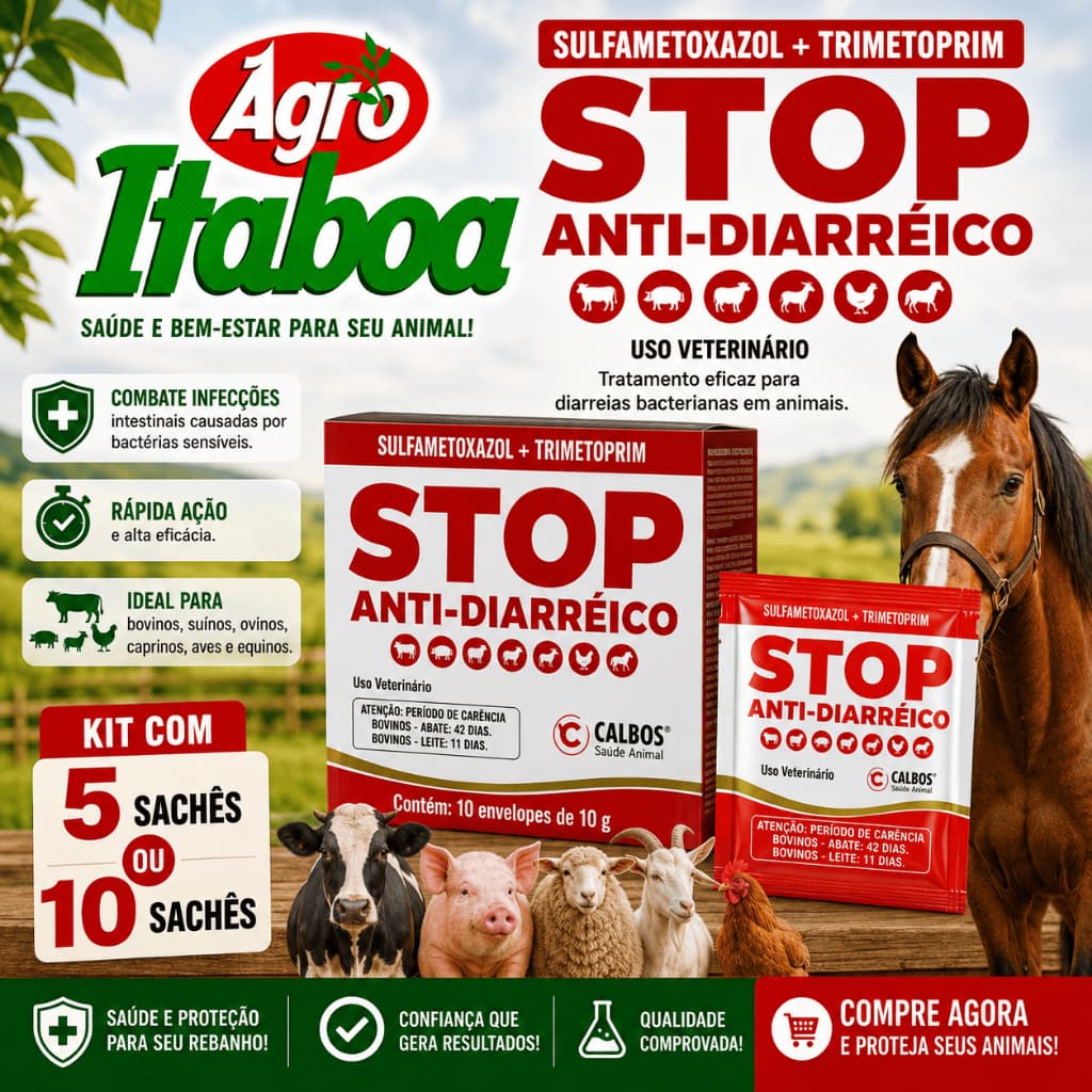 Kit 5 Sachês Stop Anti-Diarréico Antidiarréico para Aves Bovinos Equinos Suínos Ovinos Calbos
