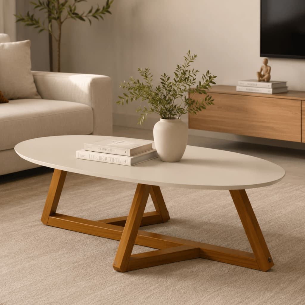 Mesa de Centro Pés Madeira Oval Para Sala Studio Escritório Loja Quarto