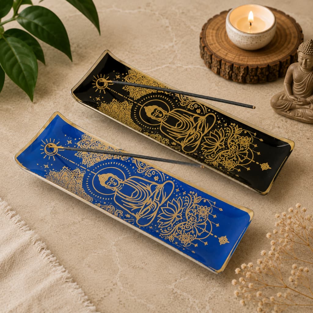 Porta Incenso em Vidro de Vareta Buda Dourado Decorativo 22,5 cm