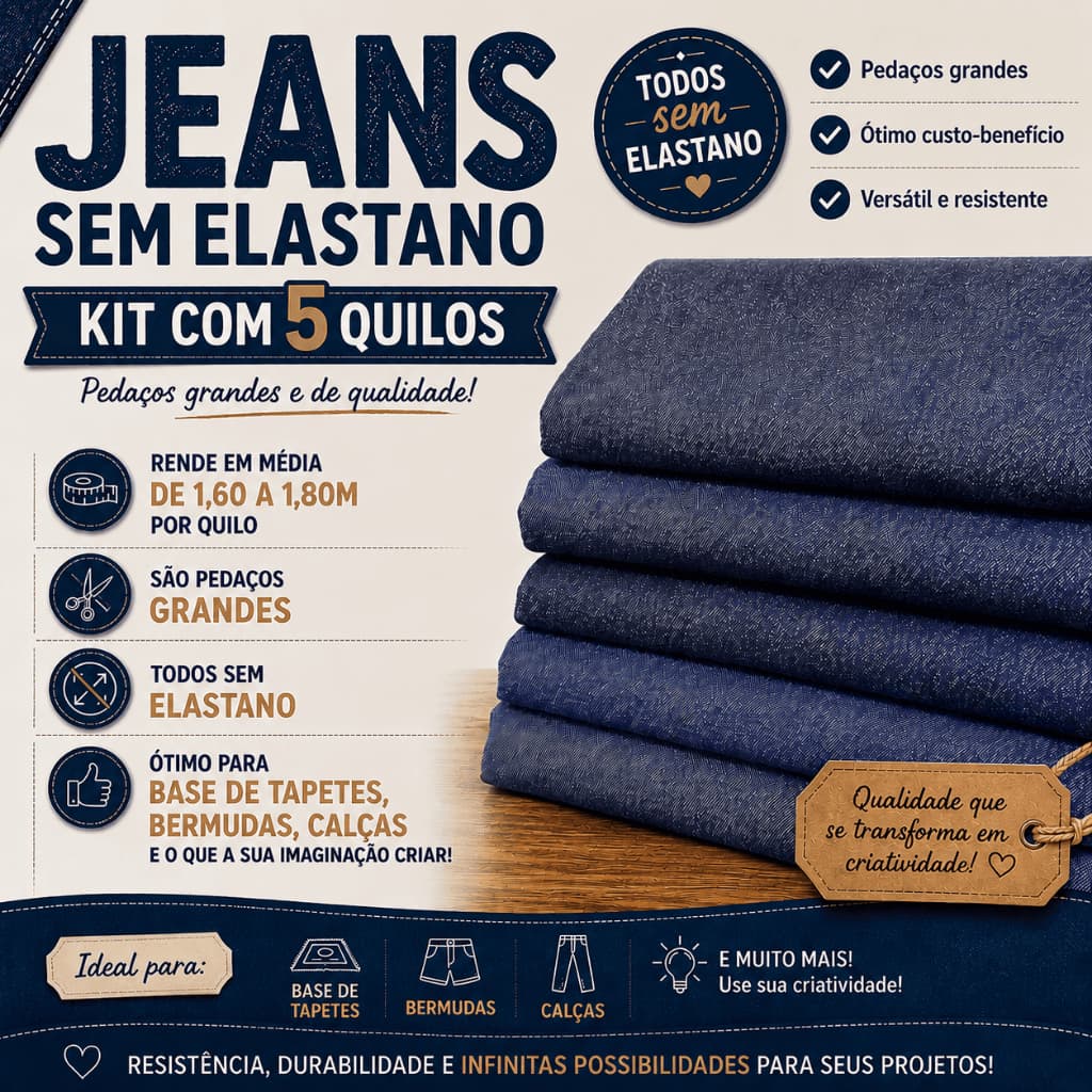 Kit 5kg Retalho Jeans Sem Elastano Pedaços Grandes – Base Tapetes, Calças, Bermudas e Artesanato
