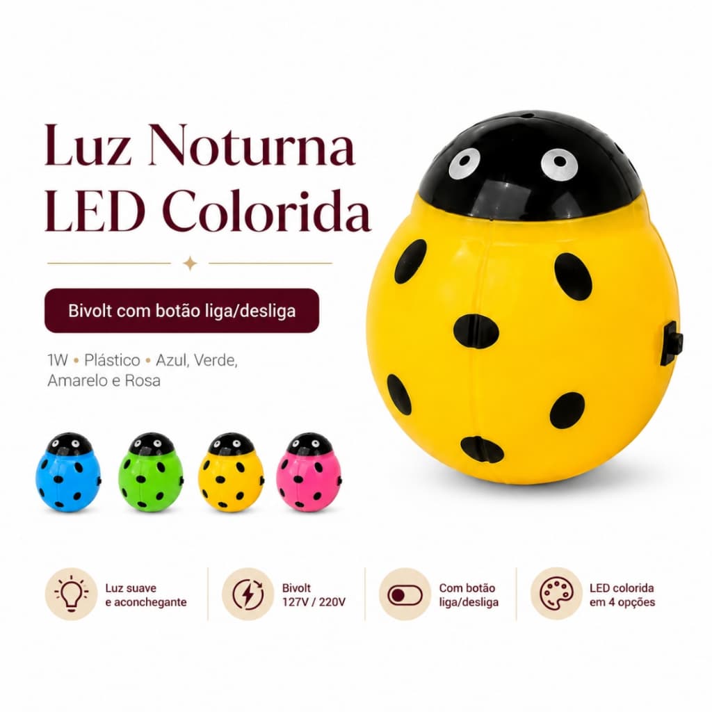 Abajur Joaninha Luminária De Tomada Led Quarto Bebê Decoração Luz Noturna Bivolt