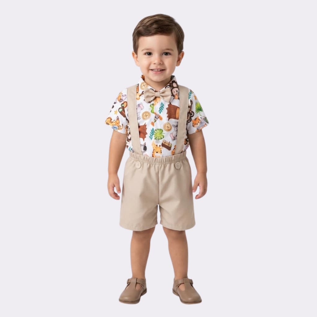conjunto infantil,  camisa estampada, shorts com suspensório e gravata borboleta,  roupa de festa.