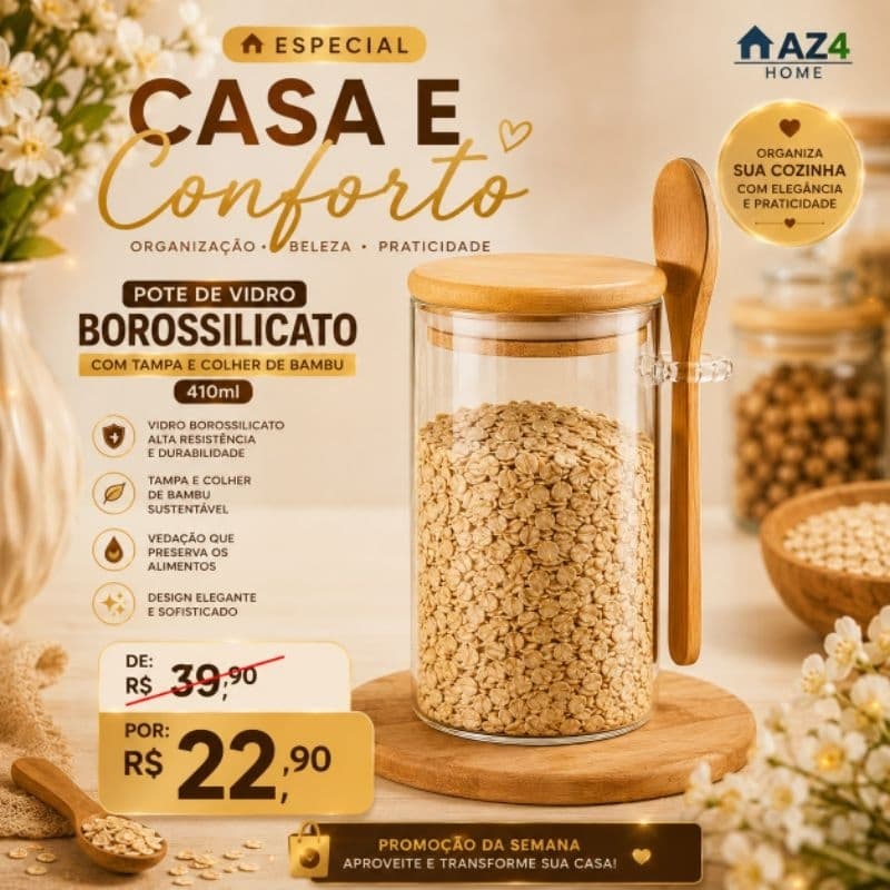 Pote Hermético 410ml de Vidro com Tampa de Bambu e Colher Porta Mantimentos Cozinha