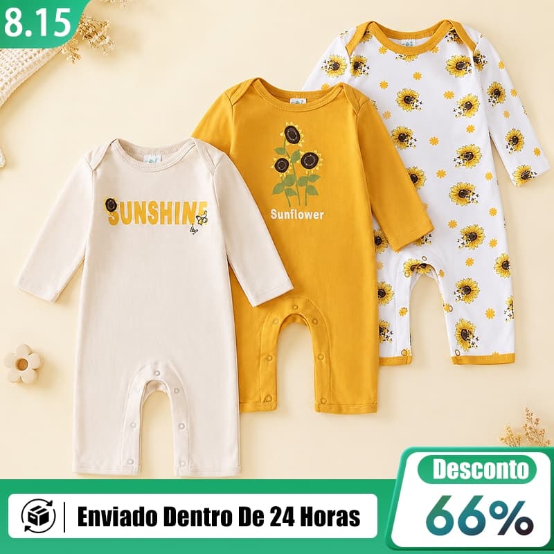 Kit Macacão Bebê Menina 3 Peças 100% Algodão Manga Longa Estampa Girassol Confortável